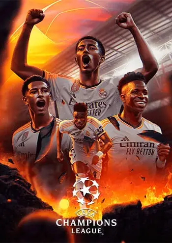 Home Een dynamische poster met vier voetballers in actie, tegen een vurige, intense achtergrond met een stadion. Het UEFA Champions League-logo staat prominent onderaan. De spelers dragen tenues van verschillende teams, met uitingen van vastberadenheid en feestvreugde, alsof je ze live op IPTV Nederland zou kunnen bekijken.