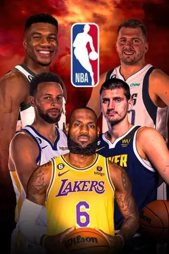 Home Vijf NBA-spelers worden getoond in deze promotionele afbeelding, elk met hun eigen teamtenue. Het NBA-logo staat in het midden bovenaan, terwijl de achtergrond een vurige, dramatische mix van rode en oranje tinten heeft. Stream moeiteloos live wedstrijden op IPTV Nederland voor een ongeëvenaarde kijkervaring.
