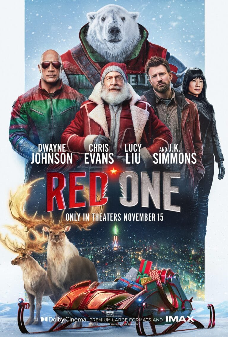 Home Een filmposter voor "Red One" toont een ensemble cast met de Kerstman in het midden, geflankeerd door personages gespeeld door acteurs. Achter hen staat een ijsbeer, met twee rendieren op de voorgrond. De postertekst bevat namen van acteurs en een releasedatum van 15 november, perfect voor uw IPTV-abonnement in Nederland.