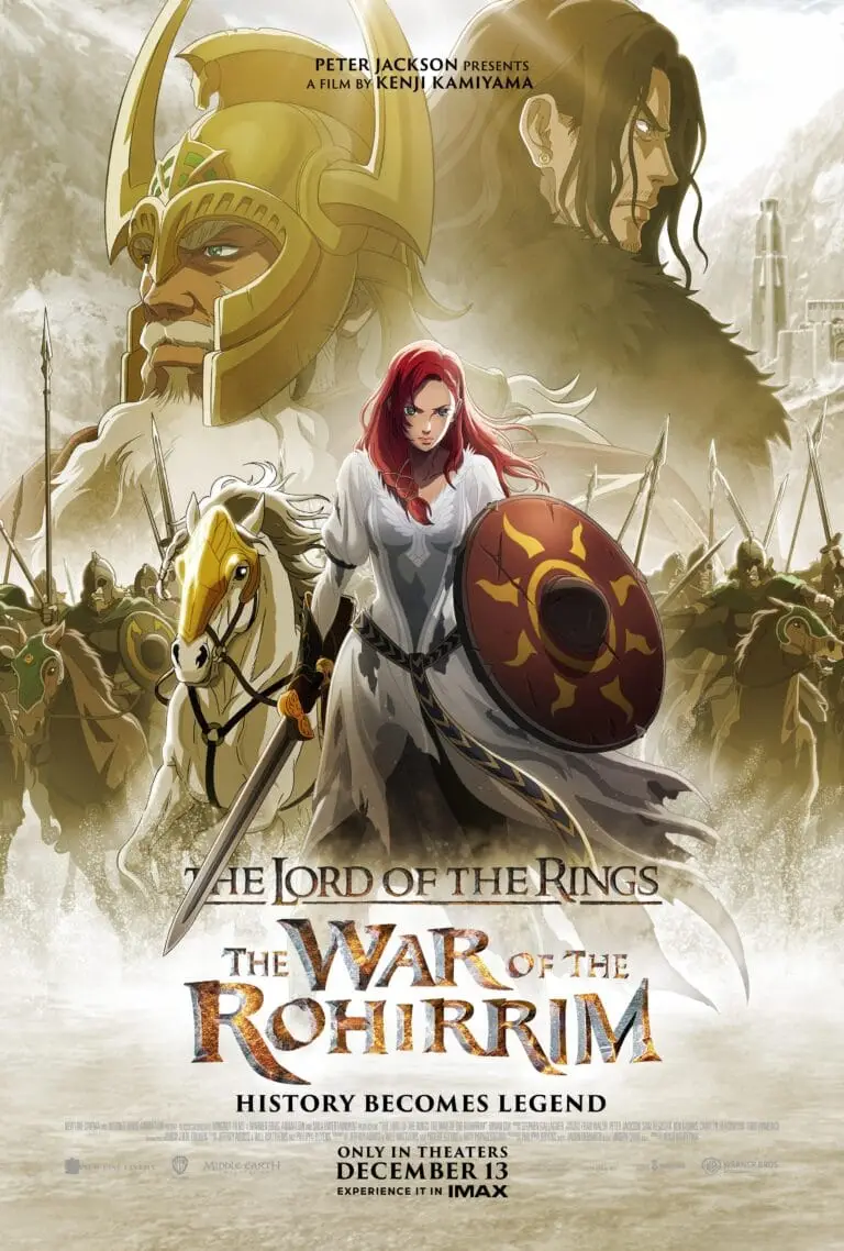 Home Promotieposter voor "The Lord of the Rings: The War of the Rohirrim." Een vrouw met rood haar staat zelfverzekerd een zwaard vast te houden, geflankeerd door een ridder op een paard. Grote portretten van een krijger in een helm en een peinzende man domineren de achtergrond. Stream het op uw favoriete iptv-platform vanaf 13 december.