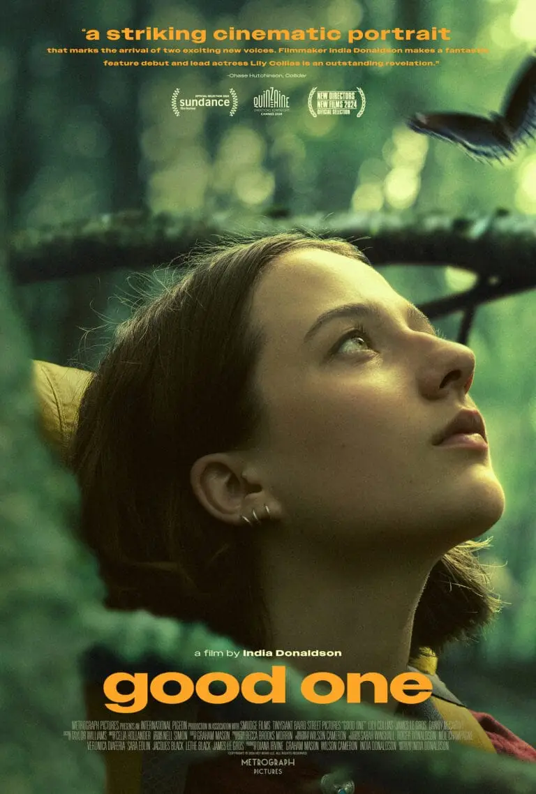 Home Een filmposter voor "Good One" met een close-up van een jonge vrouw met kort bruin haar die peinzend omhoog kijkt. Groen en zonlicht filteren door op de achtergrond. Verschillende filmfestivallogo's en onderscheidingen, evenals een iptv-logo, worden bovenaan weergegeven. Geregisseerd door India Donaldson.