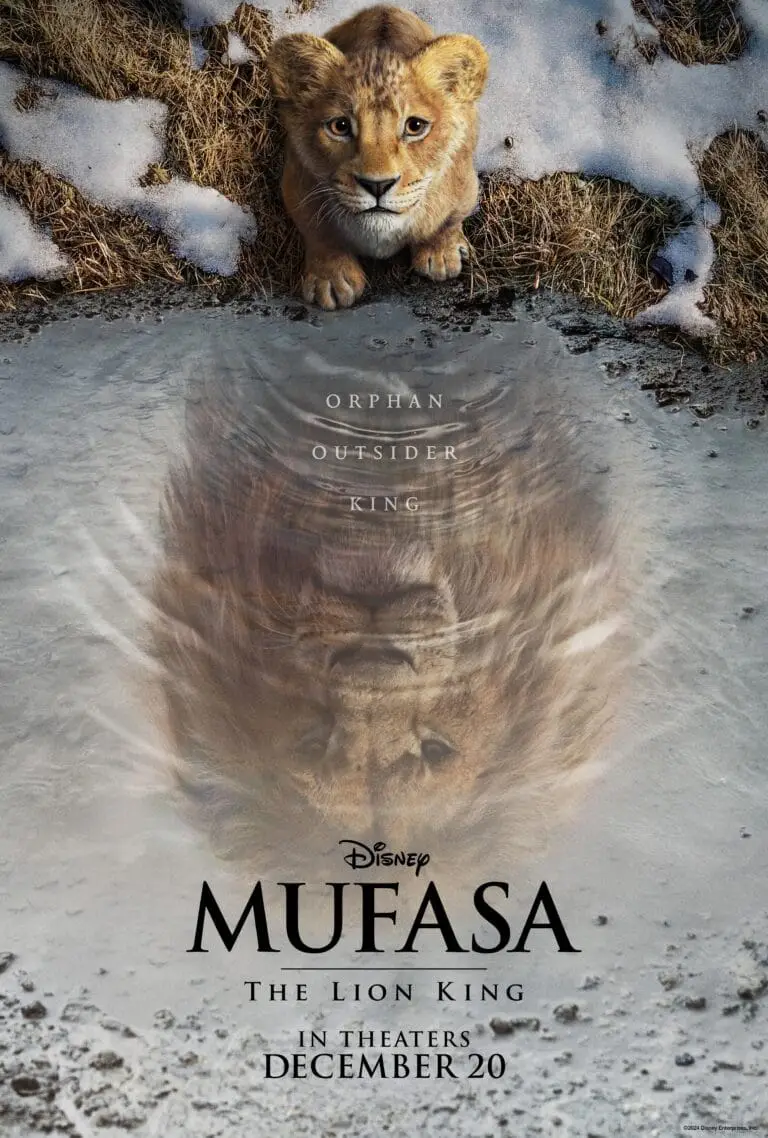 Home Poster voor "Mufasa: The Lion King" toont een leeuwenwelp die naar zijn weerspiegeling in het water kijkt, die eruitziet als een volwassen leeuw. De woorden "Orphan", "Outsider" en "King" zijn zichtbaar bij de weerspiegeling. De releasedatum "20 december" wordt onderaan weergegeven, wat kijkers net zo boeit als IPTV-streams van hoge kwaliteit.