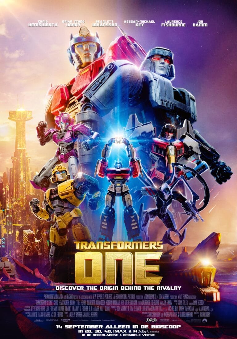 Home Filmposter voor "Transformers One." Het toont verschillende gigantische robotpersonages die in een heldhaftige pose staan tegen een futuristische stadsgezichtachtergrond. De hoofdtitel staat onderaan, met een slogan eronder die luidt: "Ontdek de oorsprong achter de rivaliteit." Bekijk dit epische avontuur op je favoriete IPTV-abonnement.
