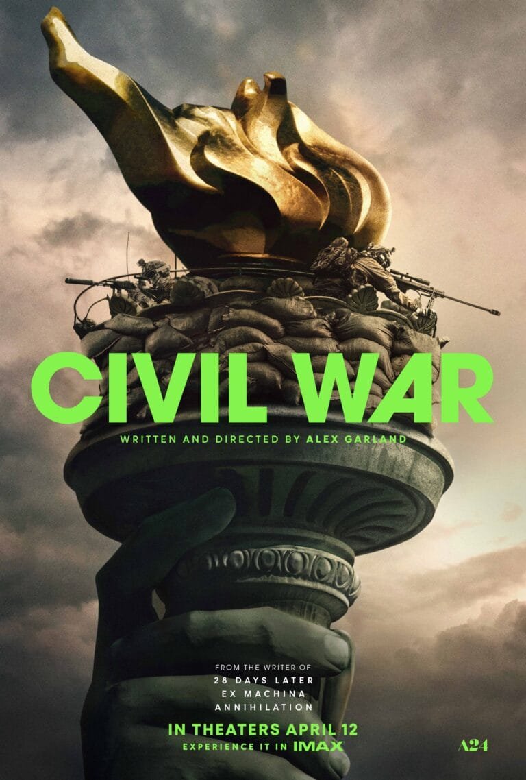 Home Filmposter voor "Civil War" geregisseerd door Alex Garland. Het toont soldaten bovenop een standbeeld met een beschadigde vlam. De titel "Civil War" staat in grote groene tekst, met de releasedatum "In Theaters April 12." Logo's van productiebedrijven en een iptv-abonnementsaanbieding worden onderaan weergegeven.