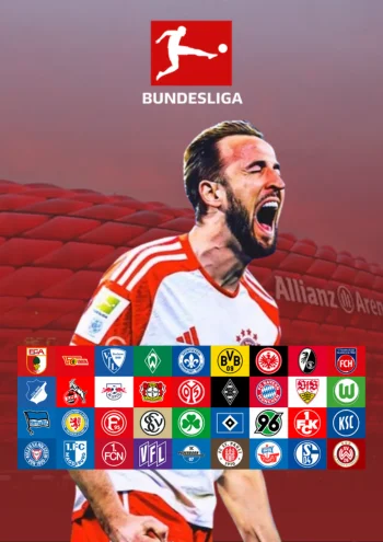 Home Een voetballer in een rood-wit shirt juicht. Boven hem is het logo van de Bundesliga te zien. Daaronder staan logo's van verschillende Bundesliga-teams in een raster. De achtergrond toont de Allianz Arena met een rood-wit design, perfect voor degenen die IPTV Nederland gebruiken om elke wedstrijd te bekijken.