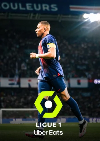 Home Een voetballer in een blauw en rood uniform, rennend op het veld met een wazig publiek op de achtergrond. De afbeelding toont het Ligue 1 Uber Eats-logo onderaan. Perfect voor iptv kopen, zodat u nooit meer een Ligue 1-actie mist.