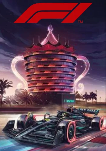 Home Een Formule 1-racewagen raast over een circuit, tegen een verlicht, gestileerd gebouw dat lijkt op de toren van het Bahrain International Circuit 's nachts. Het F1-logo staat prominent bovenaan de afbeelding. Palmbomen en de nachtelijke hemel versterken het dramatische tafereel, perfect om van te genieten met uw iptv-abonnement.